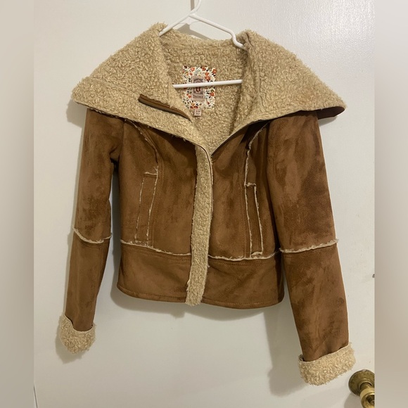 Decree Jackets & Blazers - Decree Brown Faux Suede Shearling Bomber Jacket with Cream Trim